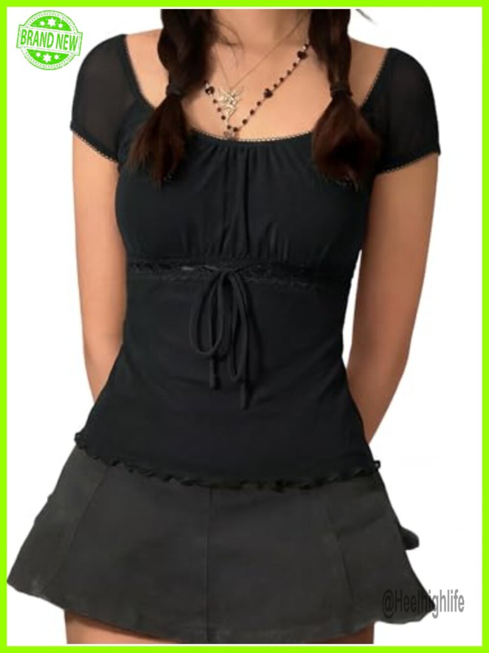 Y2K Babydoll Mesh Top Women Stretchy Short Sleeve Lace Trim